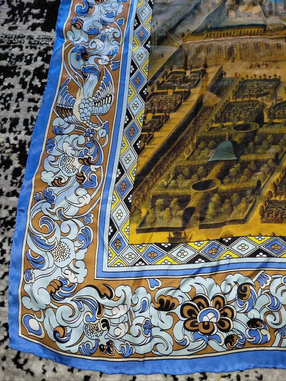 Vintage Heidelberg Castle 100% Silk Scarf 34x34 Blue Baroque Germany Travel CC